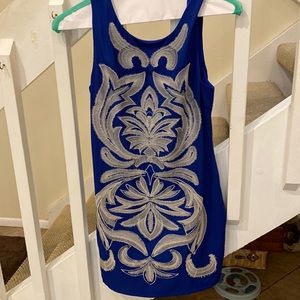 Ark and Company, blue and white embroidered dress M